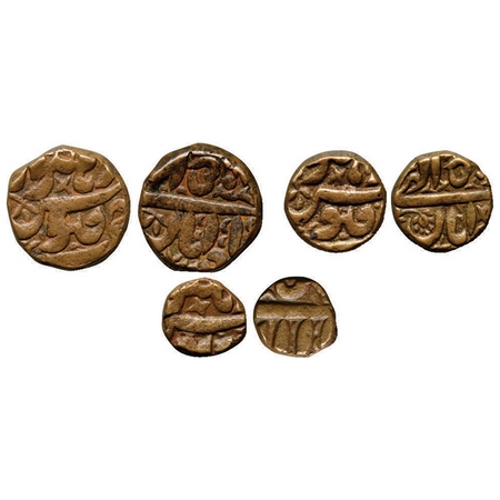 Akbar, Copper Dam, ½ Dam, 1/4 Dam (3 Coins), 20.55gm, 9.93gm, 5,45gm, Burhanpur Mint, Mont