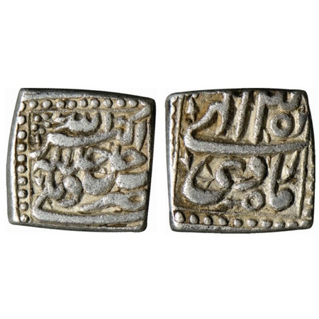 Akbar, Silver Square Rupee, 11.33gm, Delhi Mint, Ilahi type, Month Di, Year 35. KM 88.2. E