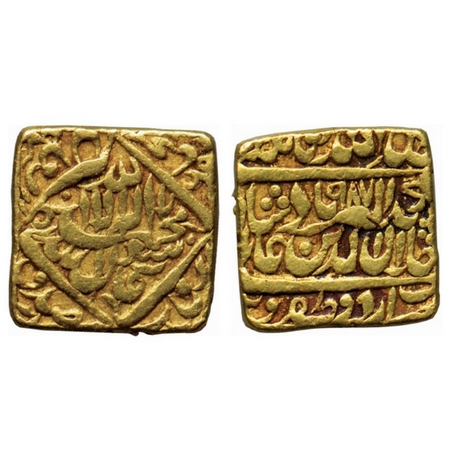 Akbar, Gold Square Mohur, 11.74gm, Urdu Zafar Qarin Mint, AH 987, almost mint name on rev 