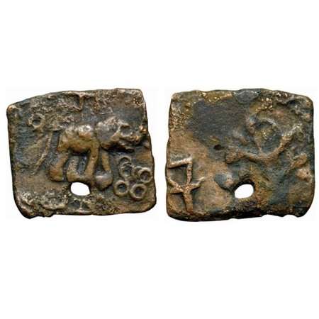 Satavahanas, Uninscribed type, Copper Unit, 5.77gm, Obv: Elephant walking to right with tr