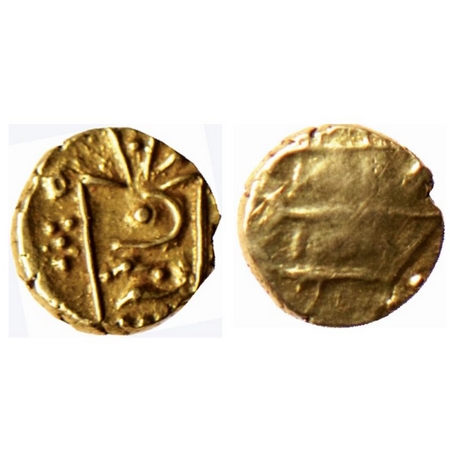Marathas of Tanjore, Gold Fanam, 0.35gm, Obv: Degenerated Kali type, Rev: Traces of symbol