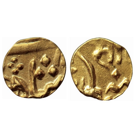 Baroda, Gold 1/5 Mohur, 2.11gm, Sayaji Rao II, in the name of Akbar II, initial 'Saa' in n