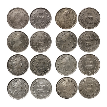 Baroda, Silver Rupee (8 Coins), Collection of all dates issues, Sayaji Rao III, Portrait t
