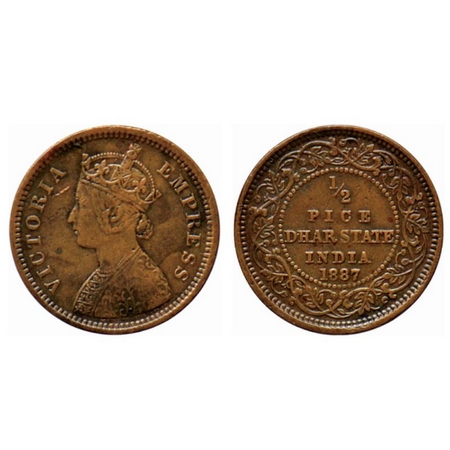 Dhar, Copper 1/2 Pice, 3.12gm, Anand Rao III, 1887 AD, bust of Victoria Empress on obv. KM