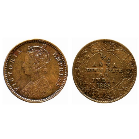 Dewas Senior, Copper 1/12 Anna, 2.18gm, Narayan Rao (c. 1864-1892 AD), Crowned bust of Vic