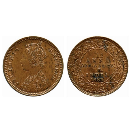 Dewas Senior Branch, Copper 1/12 Anna, 2.05gm, Narayan Rao, Crowned bust of Victoria on ob
