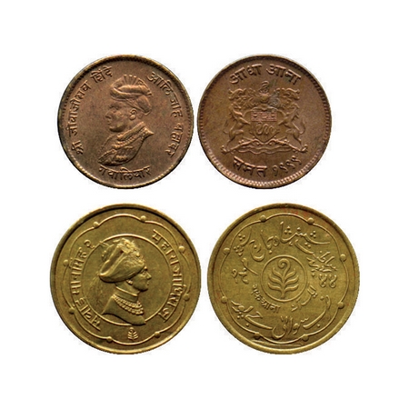 Gwalior, Copper (2 Coins), 1/2 Anna, Jivaji Rao, VS 1999 and Jaipur, Brass Anna, Man Singh