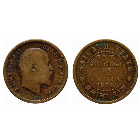Sailana, Copper 1/4 Anna, 4.56gm, Jaswant Singh (1890-1919 AD), 1908 AD, bust of Edward VI