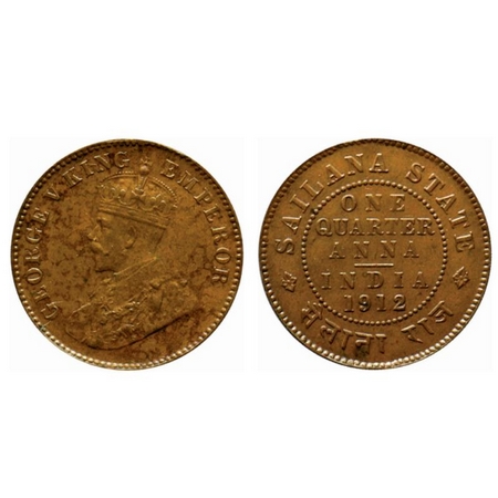 Sailana, Copper 1/4 Anna, 4.84gm, Jaswant Singh, 1912 AD, bust of George V on obv. KM 16. 