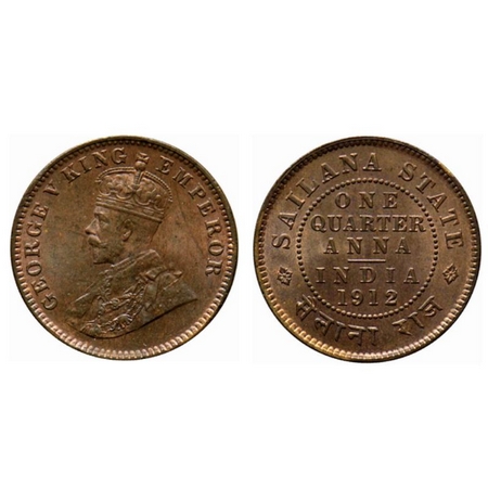 Sailana, Copper 1/4 Anna, 4.88gm, Jaswant Singh, 1912 AD, bust of George V on obv. KM 16. 