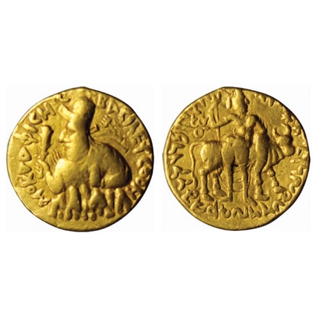 Kushanas, Vima Kadphises, Gold Double Dinara, 15.64gm, Obv: Bust of the king wearing diade