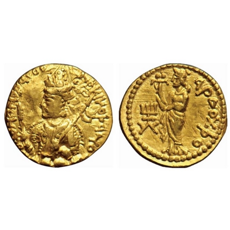 Kushanas, Huvishka, Gold Dinar, 7.81gm, Obv: Half length bust of the king seated on clouds