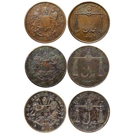 Bombay Presidency, Copper Half Anna (3 Coins), 1834AD / 1249 AH, three different types, Ob