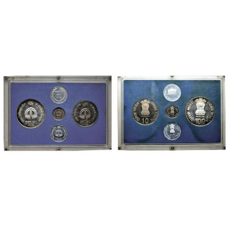 1982, Proof Set of 4 Coins, Half Silver, Copper Nickel, Aluminium, 100, 10 Rupees, 25, 10 