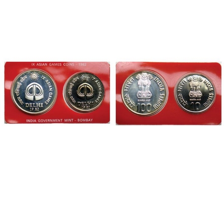 1982, Unc Set of 2 coins, Half Silver and Copper Nickel, 100, 10 Rupees, IX Asian Games, B