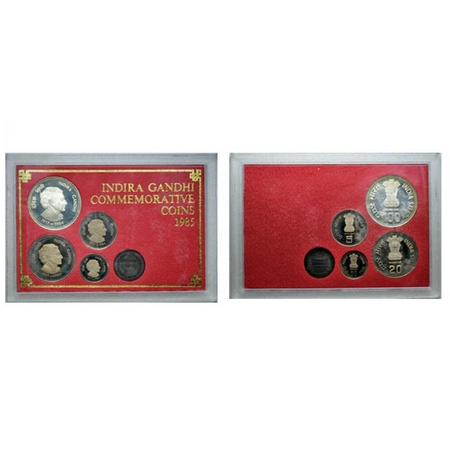 1985, Proof Set of 4 coins, Half Silver & Copper Nickel, 100, 20, 5, .50 Rupees, Indira Ga