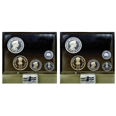 1989, Proof Set of 4 coins, Half Silver & Copper Nickel, 100, 20, 5, 1 Rupees, Jawaharlal