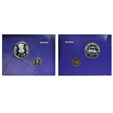 2011, Unc Set of 2 coins, Half Silver & Copper Nickel, 100, 5 Rupees, 100 Years of Civil A