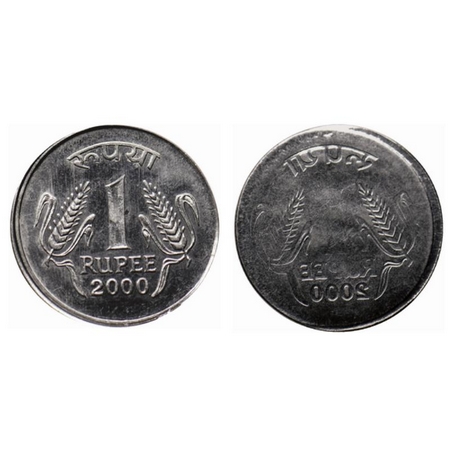1 Rupee, 2000, Ferratic Stainless Steel, 4.89gm, Calcutta Mint, Error, Reverse Brokage/ La