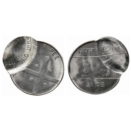 1 Rupee, 2005, Steel, 5.00gm, Calcutta Mint, Cross, Error, double struck. Almost Uncircula