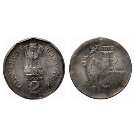 2 Rupees, 1995, Copper-Nickel, 6.35gm, Calcutta Mint, Error, minor diecap on obverse & bro