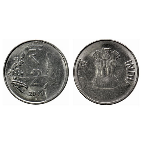 2 Rupees, 2014, Steel, 4.81gm, Calcutta Mint, Error, cud, die crack, 3 o'clock die rotatio