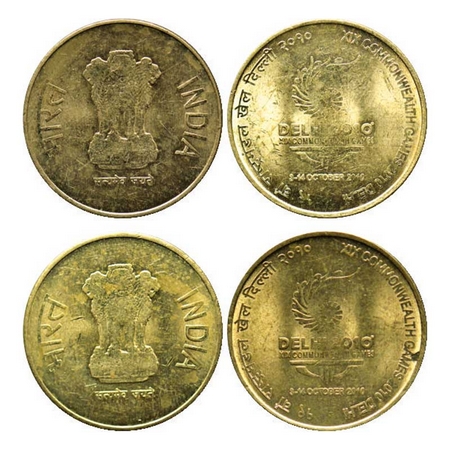 5 Rupees, 2010, Brass (2 Coins), 6.00gm, Commonwealth Games, Calcutta Mint, Mule, without 