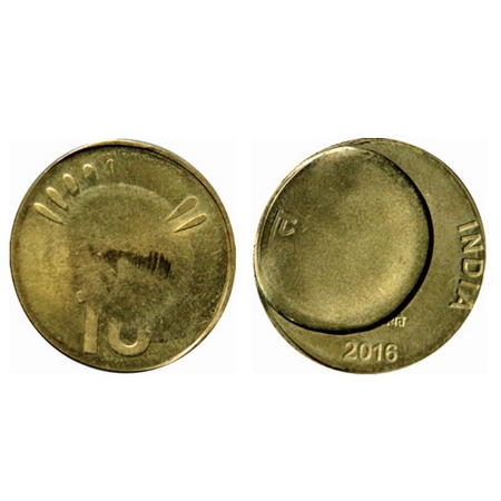 10 Rupees, 2016, Mono Metal Brass, 5.90gm, Calcutta Mint, Error, indent error. Rare specim