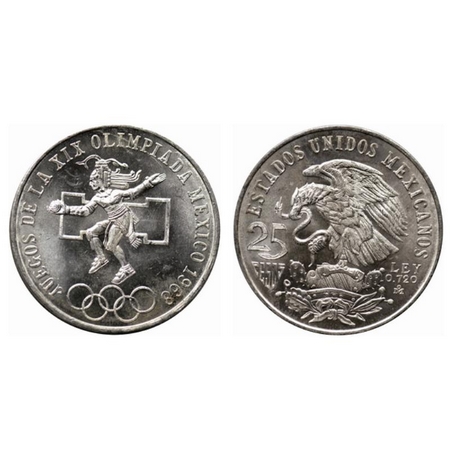 Mexico, Silver 25 Pesos (0.7200 silver), 22.40gm, 1968, Obv: National Arms eagle left, Rev