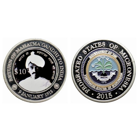 Micronesia, Silver Plated 10 Dollars, 31.16gm, 2015, Return of Mahatma Gandhi To India. Un