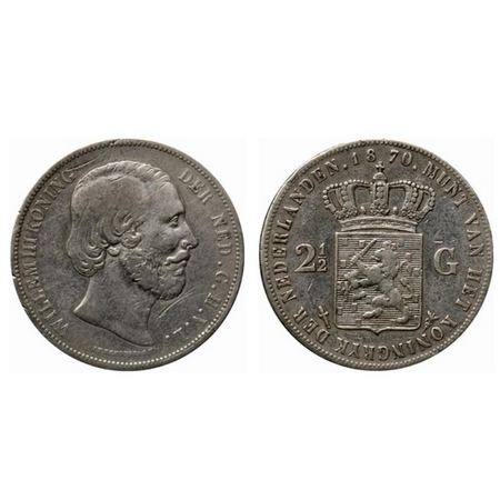 Netherland, Silver 2 1/2 Gulden (0.9450 silver), 24.55gm, 1870, Willem III Koning , Obv: B