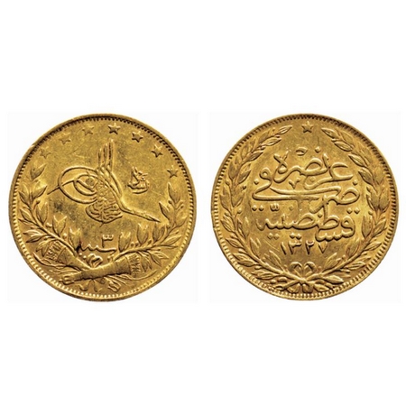 Turkey, Gold (0.9170 gold) 100 Kurush, 7.16gm, (1911), AH 1327/3, Muhammad V, Obv: Toughra