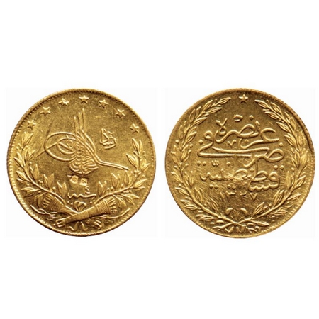 Turkey, Gold (0.9170 gold) 100 Kurush, 7.20gm, (1912), AH 1327/4, Muhammad V, Obv: Toughra