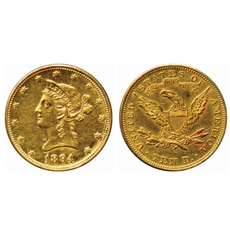 U.S.A., Gold (0.900 gold) 10 Dollar, 16.66gm, 1894, Coronet Head, Obv: Head facing left & 