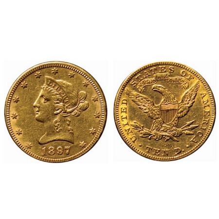 U.S.A., Gold (0.900 gold) 10 Dollar , 16.63gm, 1897, Coronet Head, Obv: Head facing left &