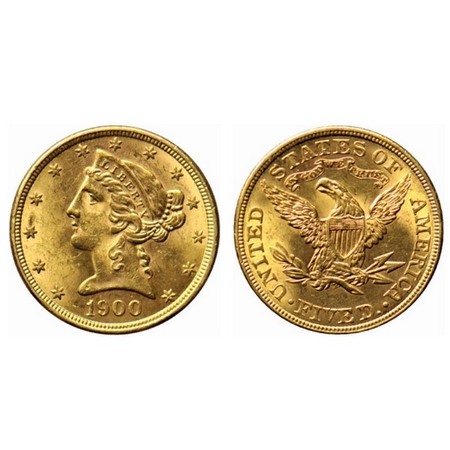 U.S.A., Gold (0.900 gold) 5 Dollar, 8.34gm, 1900, Coronet Head, Obv: Head facing left & da