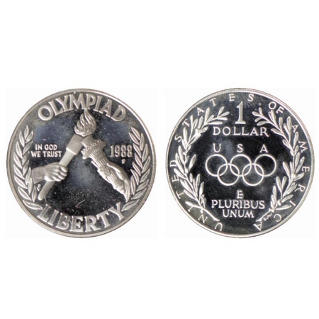U.S.A., Silver (0.900 silver) Dollar, 26.73gm, 1988 S, Olympics, Obv: Olympic torch and st