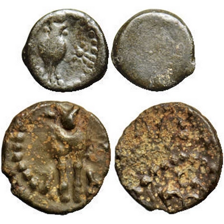 Western Kshatrapas, Damasena, Copper (2 Coins), Obv: Humped bull front facing within dotte