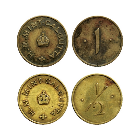 H M Mint Token, Brass, 2.68, 2.59gm (2 pcs), Calcutta, 1 and ½ Obv: H.M Mint, Calcutta aro