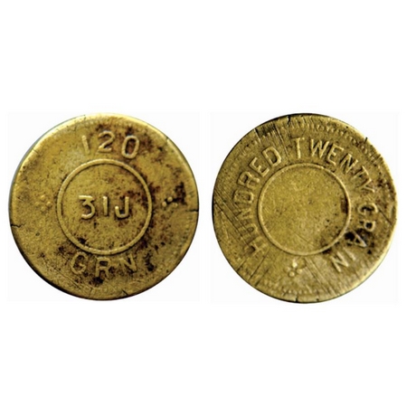 Weight Token, Brass, 7.63gm, Obv: 120, 31J, GRN, Rev: Hundred Twenty Grain. Fine, Scarce.
