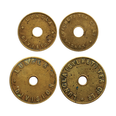 Tea Token, Brass, 4.20, 9.30gm (2 Pcs), Lungla (Sylhet) Tea Co. Ld. Smaller unlisted & oth
