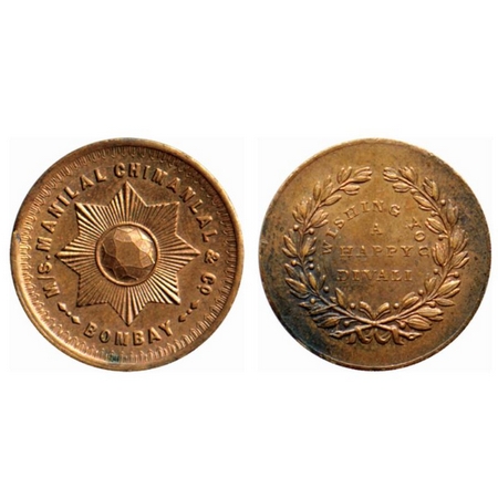Tola Token, Copper, 4.20gm, Obv: M/s Manilal Chimanlal & Co. Bombay around star, Rev: Wish