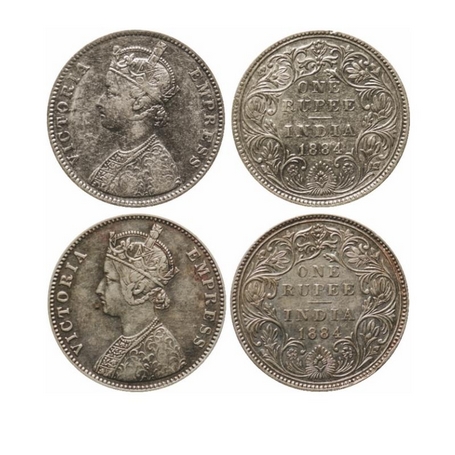 Victoria Empress, Silver, Rupee (2 Coins), 1884, A3/II, Bottom B raised. GK 487. About Ver