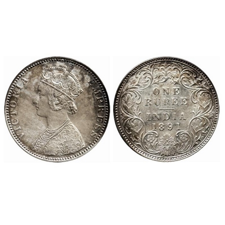 Victoria Empress, Silver, Rupee, 1891, Bombay Mint, C2/I, B Raised. GK 569. Extremely Fine