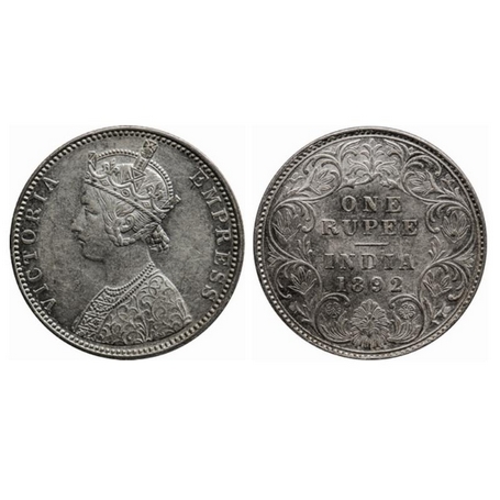 Victoria Empress, Silver, Rupee, 1892, Bombay Mint, C2/I, B incused. GK 572. Extremely Fin