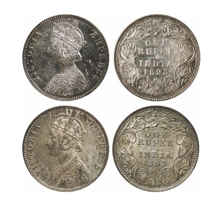 Victoria Empress, Silver, Rupee (2 Coins), 1893, Bombay Mint, C2/I(ii), B Incused. GK 578.