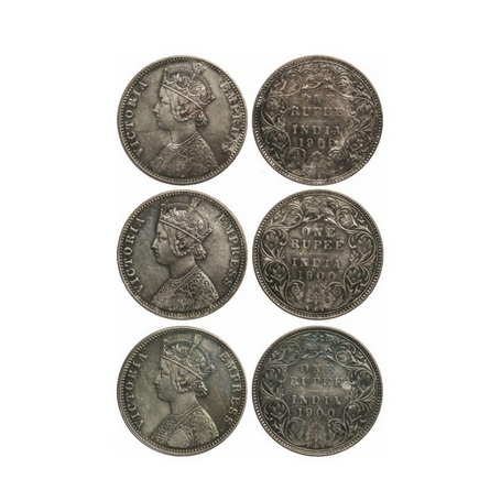 Victoria Empress, Silver, Rupee (3 Coins), 1900, Bombay Mint, A3/I, 'B' incused. GK 589. E