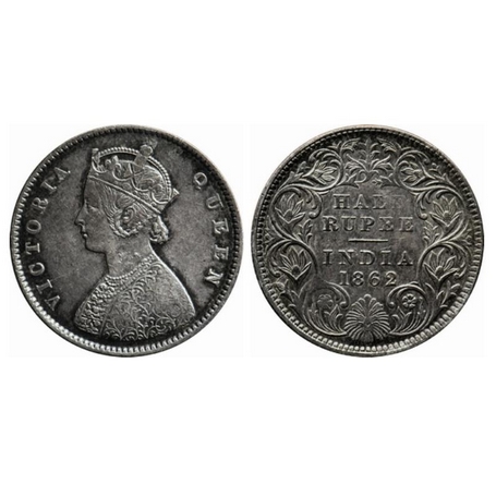 Victoria Queen, Silver, ½ Rupee, 1862, Calcutta Mint, A/I, Round pearls, Alphabet 'F' of H