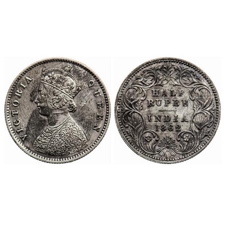 Victoria Queen, Silver, ½ Rupee, 1862, Calcutta Mint, A/I, Round Pearls, Numeral 1 of year