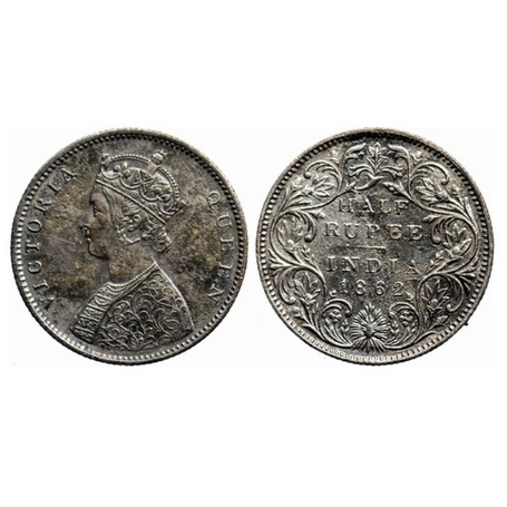 Victoria Queen, Silver, ½ Rupee, 1862, Bombay Mint, B1/II, Round Pearls, Numeral 1 of the 